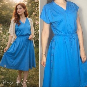 70S Blue Pleated Shoulder Casual Summer Dress